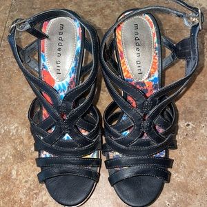 Brand New platform high heeled wedge strappy sandal. Black Madden Girl 6.5